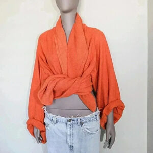 Boho Chic Tangerine Linen Cotton Cozy Cover Up Kimono Sweater Size Small - Large